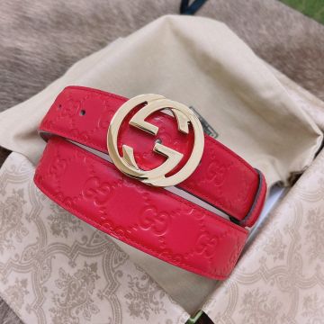 Fashion Gucci  Red Signature Calfskin Leather Interlocking GG Pin Buckle Female 3.5CM Belt 
