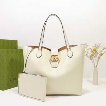  Gucci GG Supreme Collection White Leather Gold Double G Logo Top Double Handles Medium Elegant Tote Bag For Female