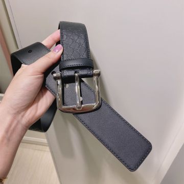 Top Styles Gucci Signature GG Embossed Pattern Square Piston Buckle Unisex Black Leather Belt Silver/Yellow Gold