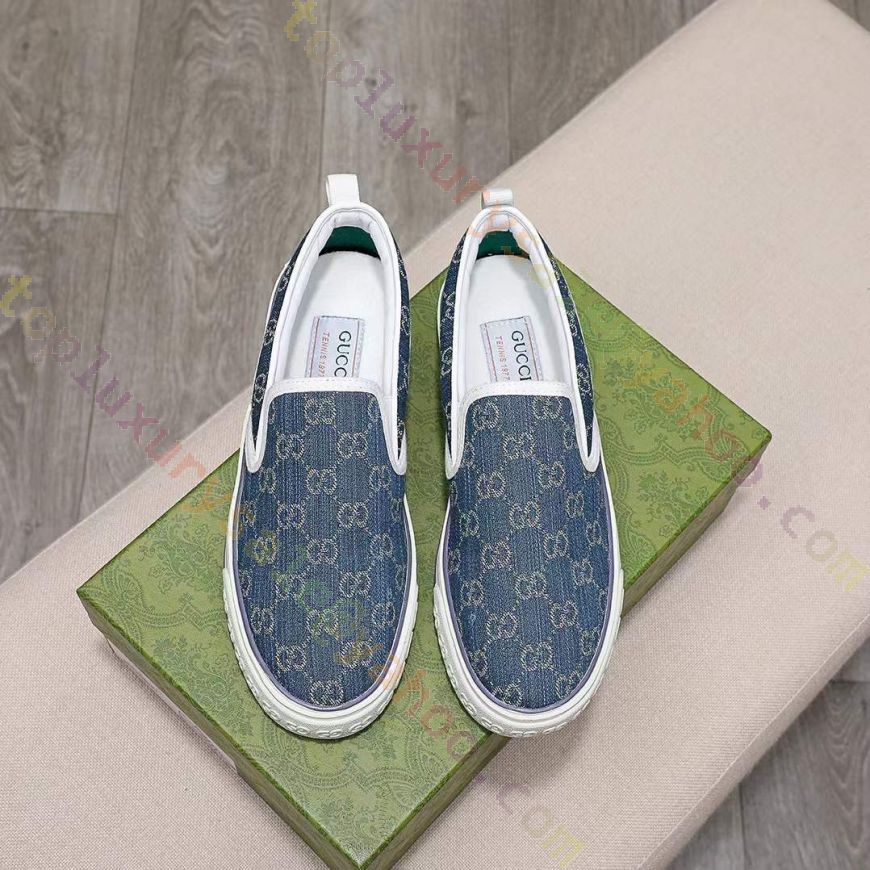 Gucci 643489 2KQ20 4465 Men's Shoes Blue & Ivory Jacquard Denim Slip-O –  AmbrogioShoes