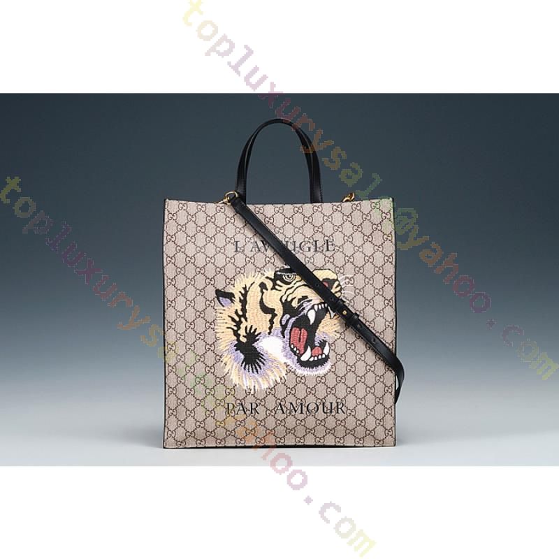 Gucci L'aveugle par Amour Print Vertical Canvas Tote Bag Beige 450950